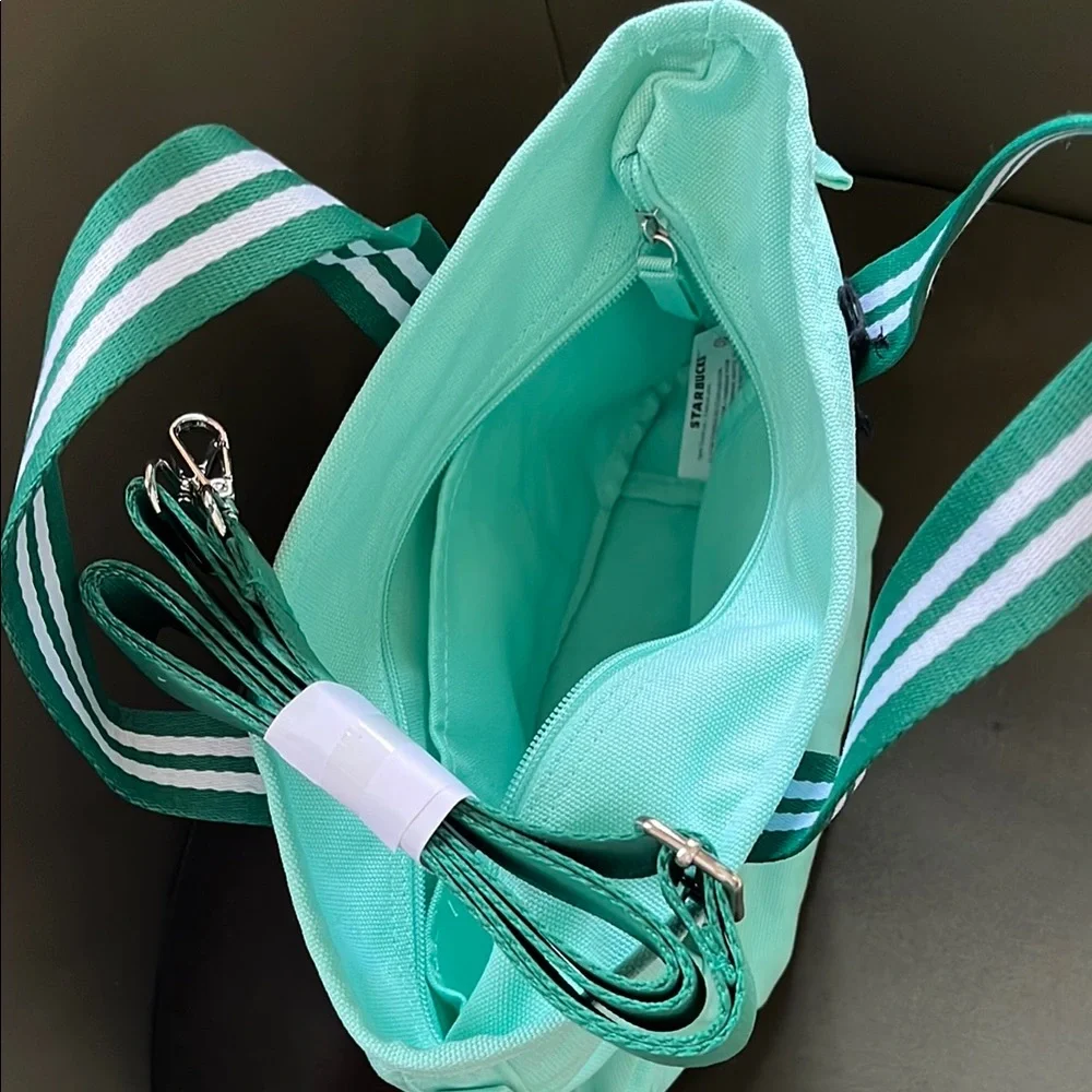 Starbucks Mint Green Canvas Tote Bag with Striped Handles - Picture 2 of 2